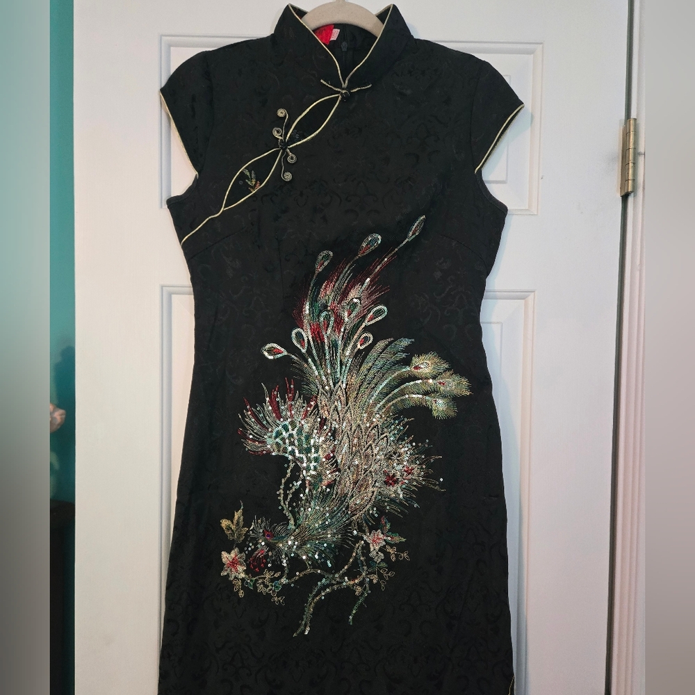 Black Embroidered Peacock Sheath Dress